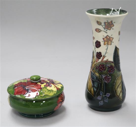 A Moorcroft Bramble pattern vase, designer Sally Tuffin, 1998, H 8.25in (21cm) and a Hibiscus pattern bowl and cover